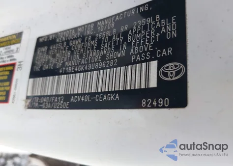 2009 Toyota Camry Xle from USA, damaged, VIN 4T1BE46K49U896282